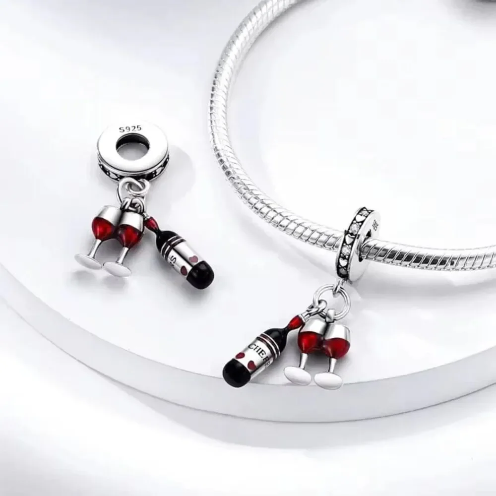 NWOT Pandora FIT Red Wine & Glasses Silver Dangle Charm